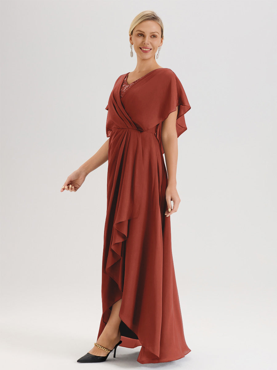 Cicinia Robe Mère De La Mariée Rouille Avec Ourlet Asymétrique Et Manches Volants Décolleté En V En Chiffon Longueur Sol