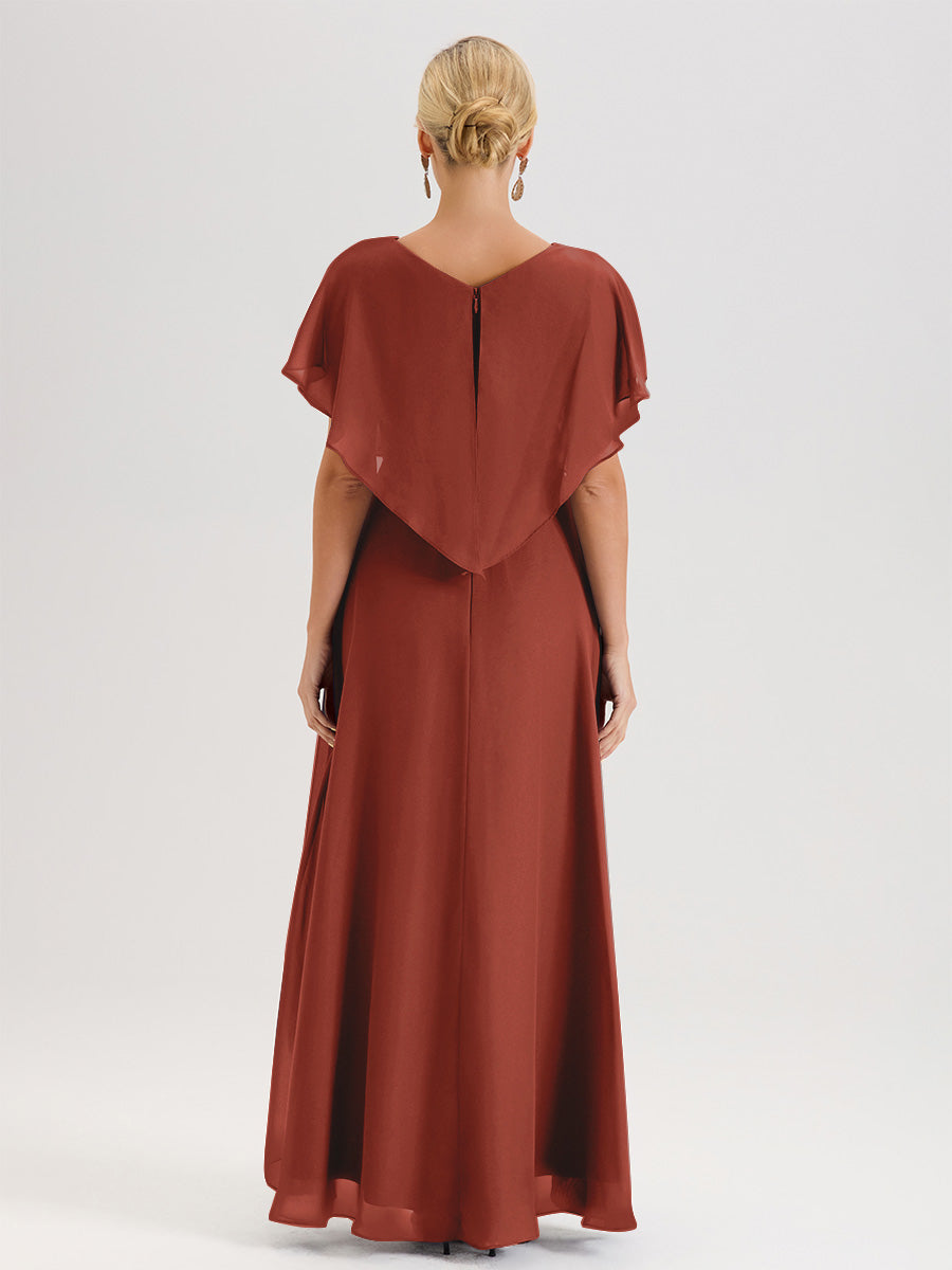 Cicinia Robe Mère De La Mariée Rouille Avec Ourlet Asymétrique Et Manches Volants Décolleté En V En Chiffon Longueur Sol