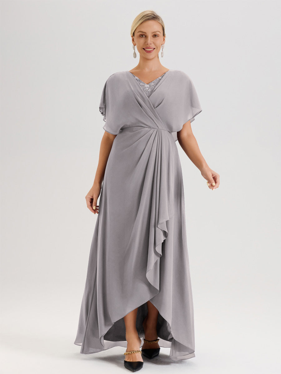 Cicinia Robe Mère De La Mariée Argenté Avec Ourlet Asymétrique Et Manches Volants Décolleté En V En Chiffon Longueur Sol