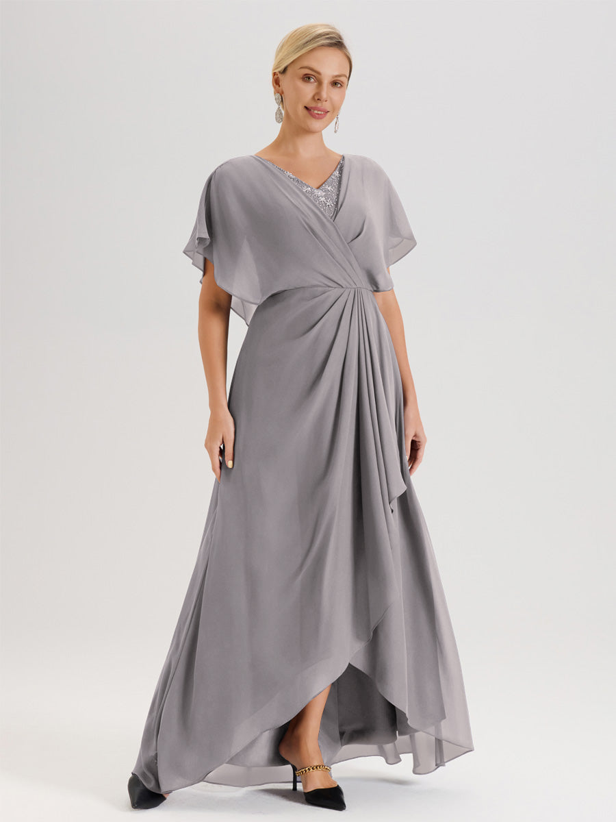 Cicinia Robe Mère De La Mariée Argenté Avec Ourlet Asymétrique Et Manches Volants Décolleté En V En Chiffon Longueur Sol
