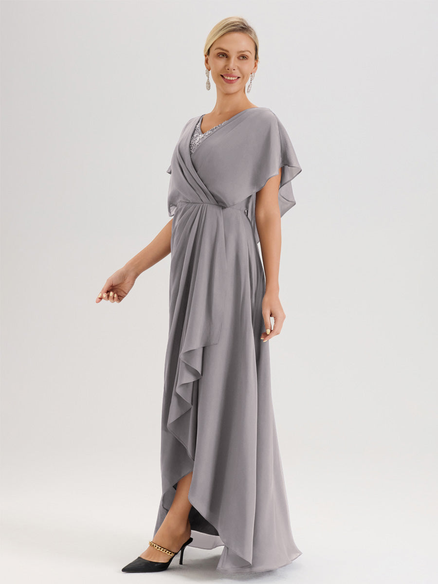 Cicinia Robe Mère De La Mariée Argenté Avec Ourlet Asymétrique Et Manches Volants Décolleté En V En Chiffon Longueur Sol