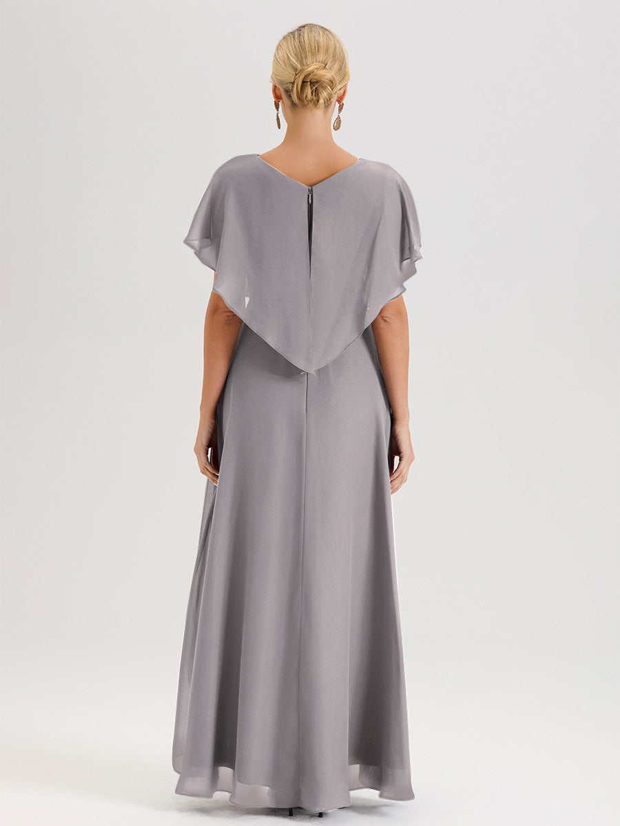 Cicinia Robe Mère De La Mariée Argenté Avec Ourlet Asymétrique Et Manches Volants Décolleté En V En Chiffon Longueur Sol