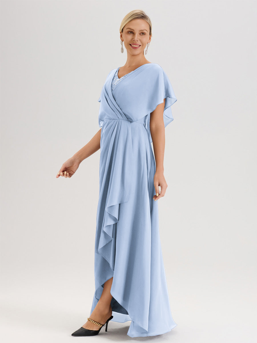 Cicinia Robe Mère De La Mariée Bleu Ciel Avec Ourlet Asymétrique Et Manches Volants Décolleté En V En Chiffon Longueur Sol