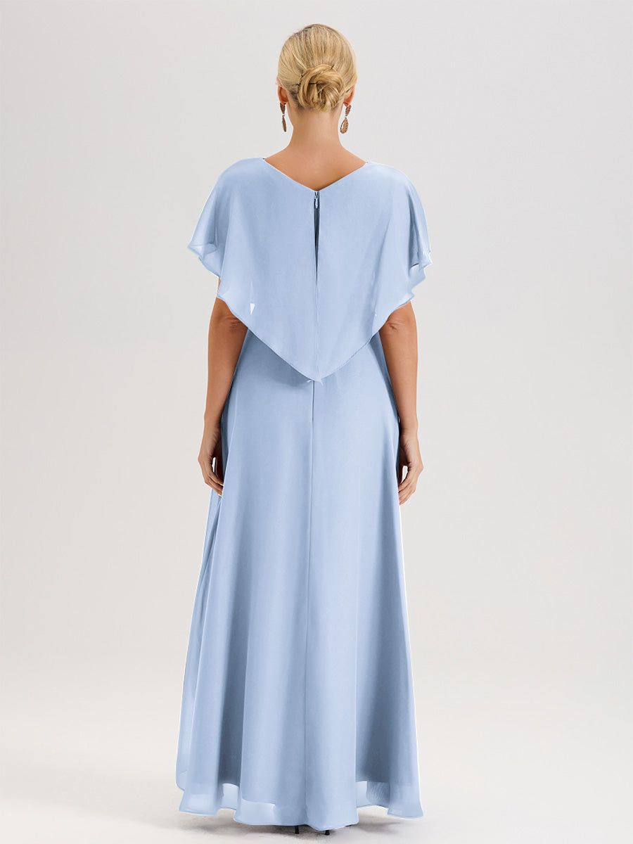 Cicinia Robe Mère De La Mariée Bleu Ciel Avec Ourlet Asymétrique Et Manches Volants Décolleté En V En Chiffon Longueur Sol