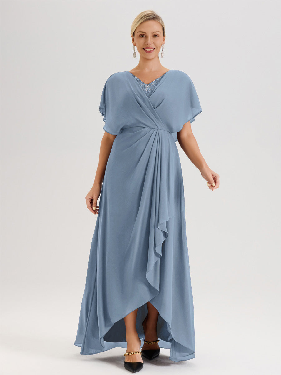 Cicinia Robe Mère De La Mariée Bleu De Schiste Avec Ourlet Asymétrique Et Manches Volants Décolleté En V En Chiffon Longueur Sol