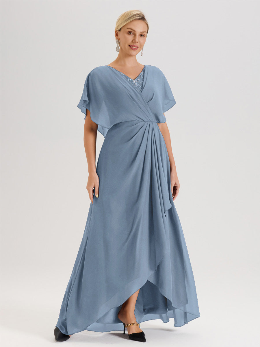 Cicinia Robe Mère De La Mariée Bleu De Schiste Avec Ourlet Asymétrique Et Manches Volants Décolleté En V En Chiffon Longueur Sol