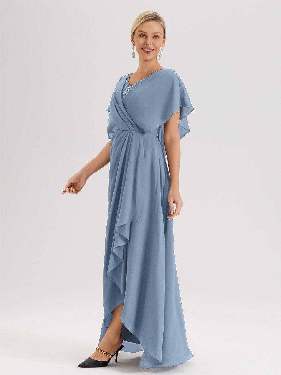 Cicinia Robe Mère De La Mariée Bleu De Schiste Avec Ourlet Asymétrique Et Manches Volants Décolleté En V En Chiffon Longueur Sol