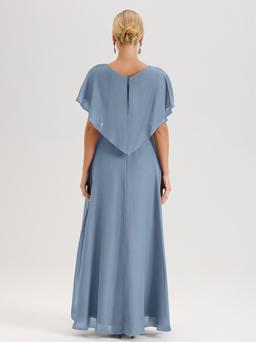 Cicinia Robe Mère De La Mariée Bleu De Schiste Avec Ourlet Asymétrique Et Manches Volants Décolleté En V En Chiffon Longueur Sol