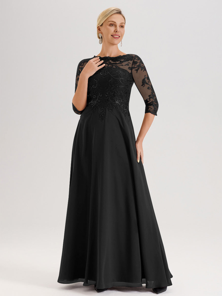 Cicinia Robe Mère De La Mariée Noir Col Ras Du Cou Manches Trois-Quarts En Chiffon Et Dentelle Longueur Au Sol