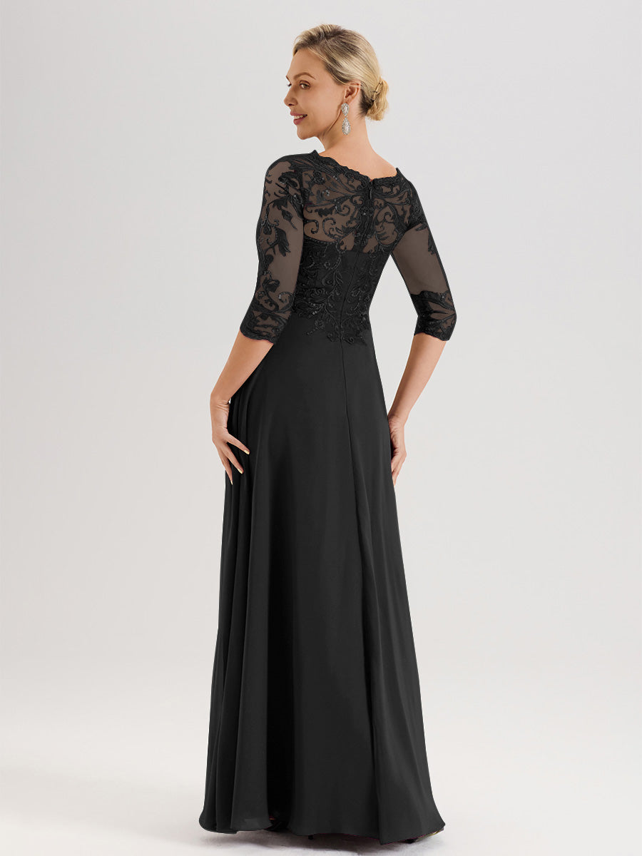 Cicinia Robe Mère De La Mariée Noir Col Ras Du Cou Manches Trois-Quarts En Chiffon Et Dentelle Longueur Au Sol