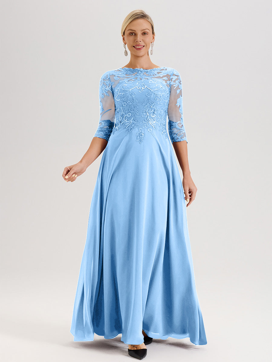 Cicinia Robe Mère De La Mariée Bleu Col Ras Du Cou Manches Trois-Quarts En Chiffon Et Dentelle Longueur Au Sol