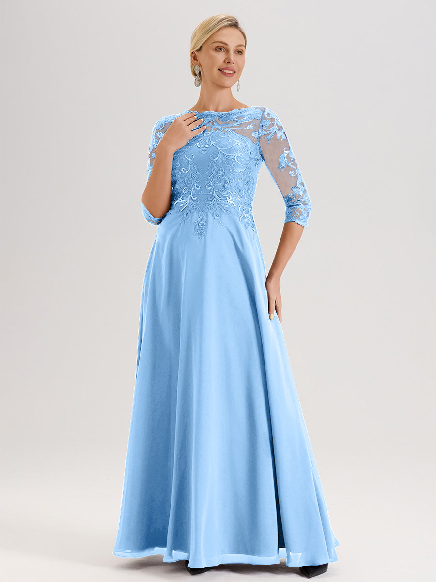 Cicinia Robe Mère De La Mariée Bleu Col Ras Du Cou Manches Trois-Quarts En Chiffon Et Dentelle Longueur Au Sol