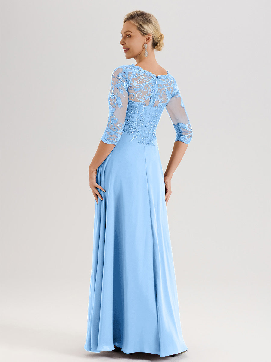 Cicinia Robe Mère De La Mariée Bleu Col Ras Du Cou Manches Trois-Quarts En Chiffon Et Dentelle Longueur Au Sol