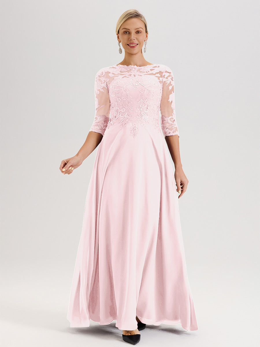 Cicinia Robe Mère De La Mariée Rose Pale Col Ras Du Cou Manches Trois-Quarts En Chiffon Et Dentelle Longueur Au Sol
