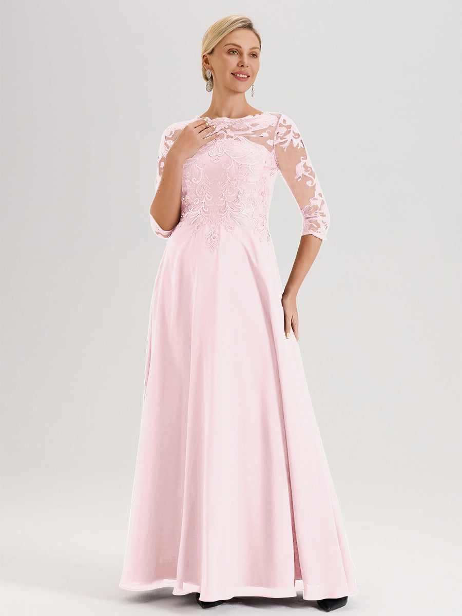 Cicinia Robe Mère De La Mariée Rose Pale Col Ras Du Cou Manches Trois-Quarts En Chiffon Et Dentelle Longueur Au Sol