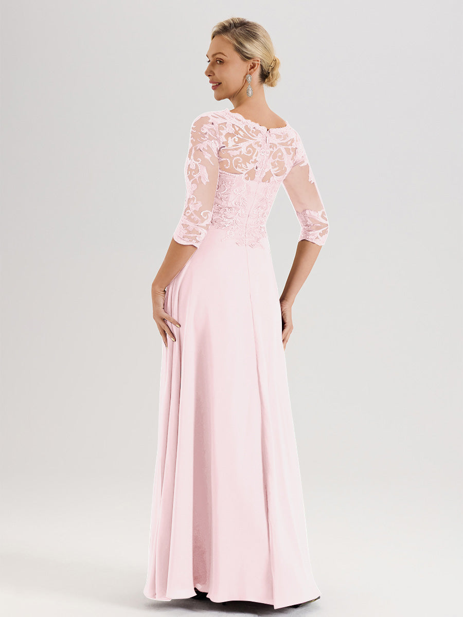 Cicinia Robe Mère De La Mariée Rose Pale Col Ras Du Cou Manches Trois-Quarts En Chiffon Et Dentelle Longueur Au Sol