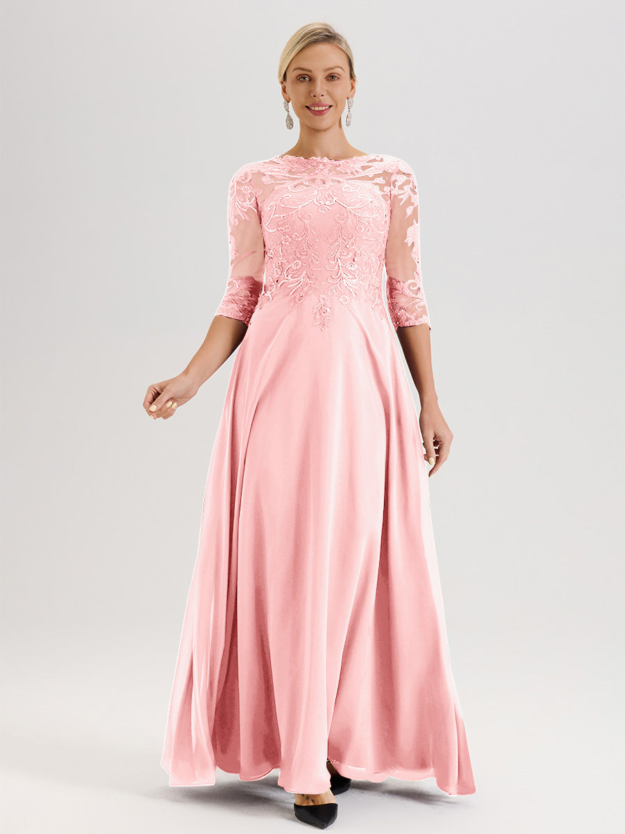 Cicinia Robe Mère De La Mariée Rose Col Ras Du Cou Manches Trois-Quarts En Chiffon Et Dentelle Longueur Au Sol