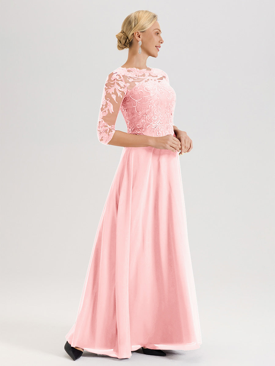 Cicinia Robe Mère De La Mariée Rose Col Ras Du Cou Manches Trois-Quarts En Chiffon Et Dentelle Longueur Au Sol