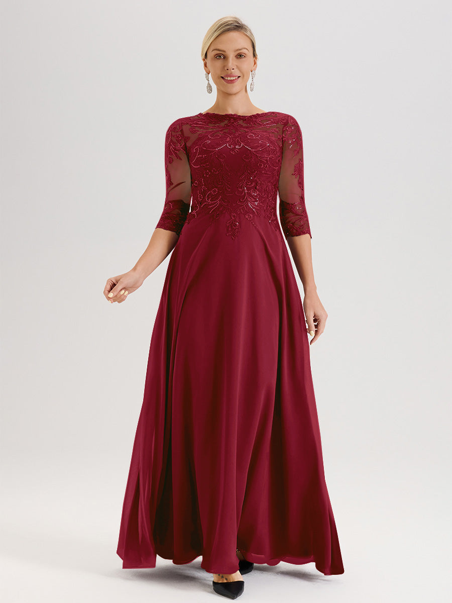 Cicinia Robe Mère De La Mariée Bordeaux Col Ras Du Cou Manches Trois-Quarts En Chiffon Et Dentelle Longueur Au Sol