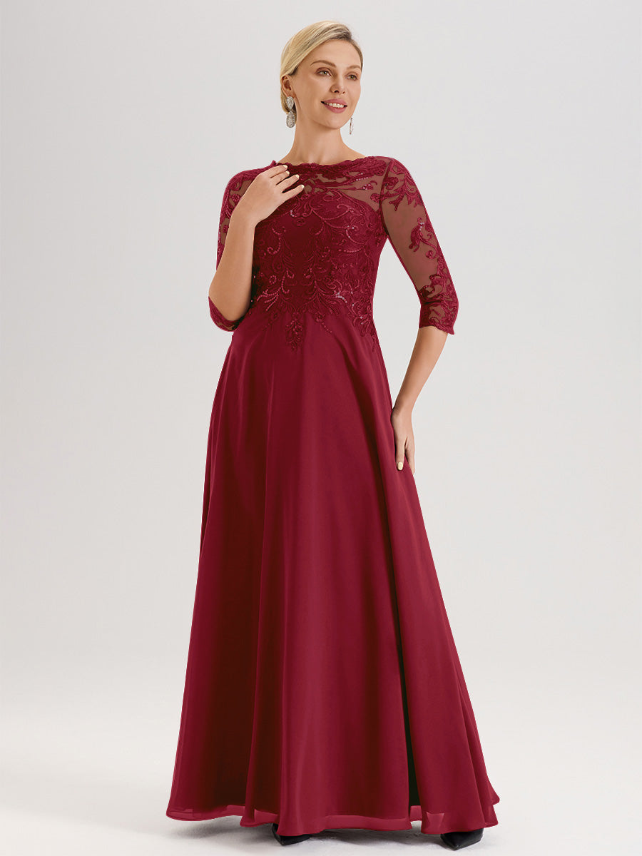 Cicinia Robe Mère De La Mariée Bordeaux Col Ras Du Cou Manches Trois-Quarts En Chiffon Et Dentelle Longueur Au Sol