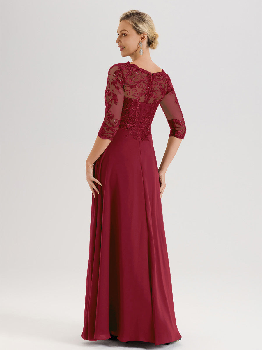 Cicinia Robe Mère De La Mariée Bordeaux Col Ras Du Cou Manches Trois-Quarts En Chiffon Et Dentelle Longueur Au Sol