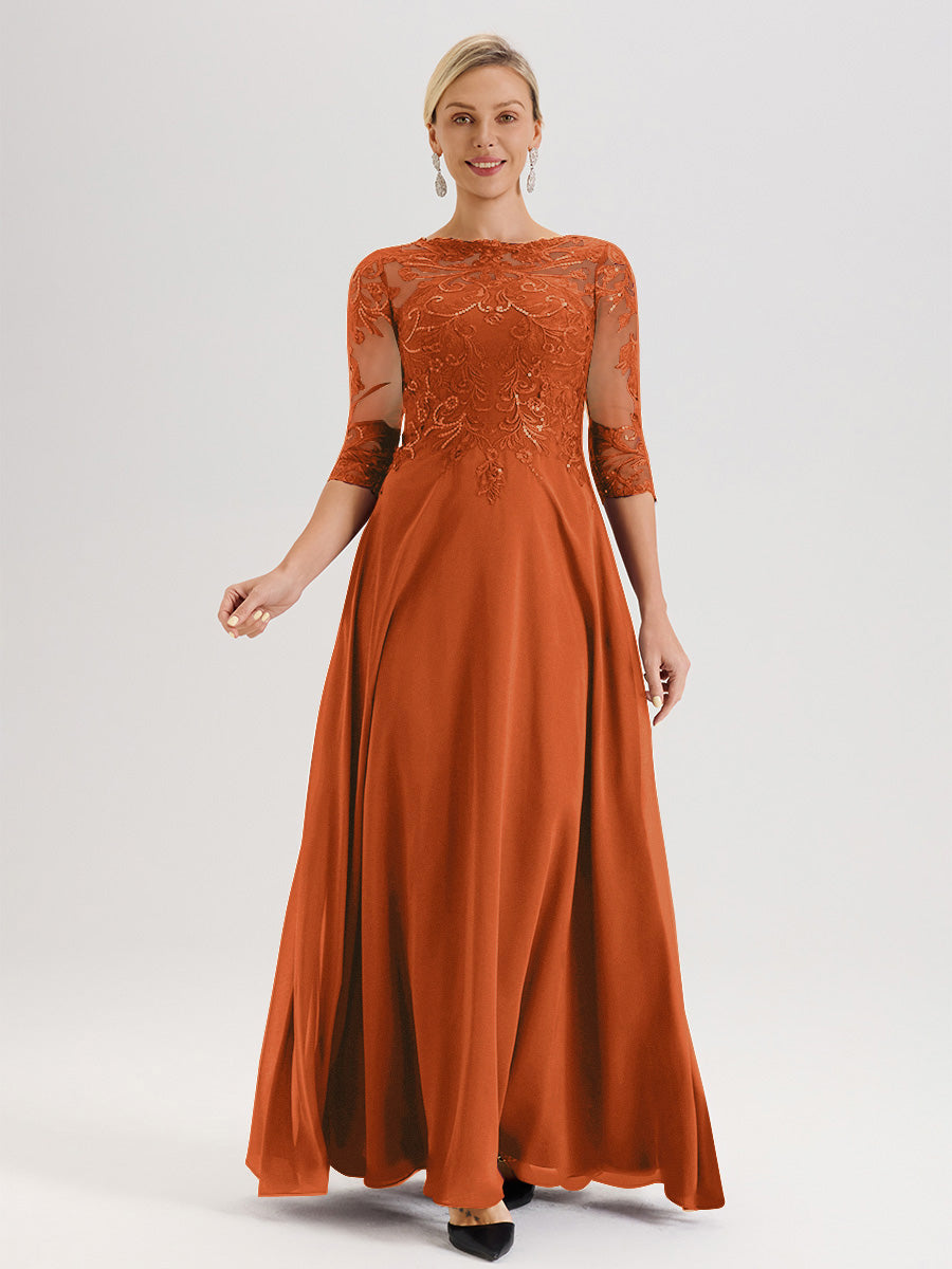 Cicinia Robe Mère De La Mariée Orange Brûlé Col Ras Du Cou Manches Trois-Quarts En Chiffon Et Dentelle Longueur Au Sol