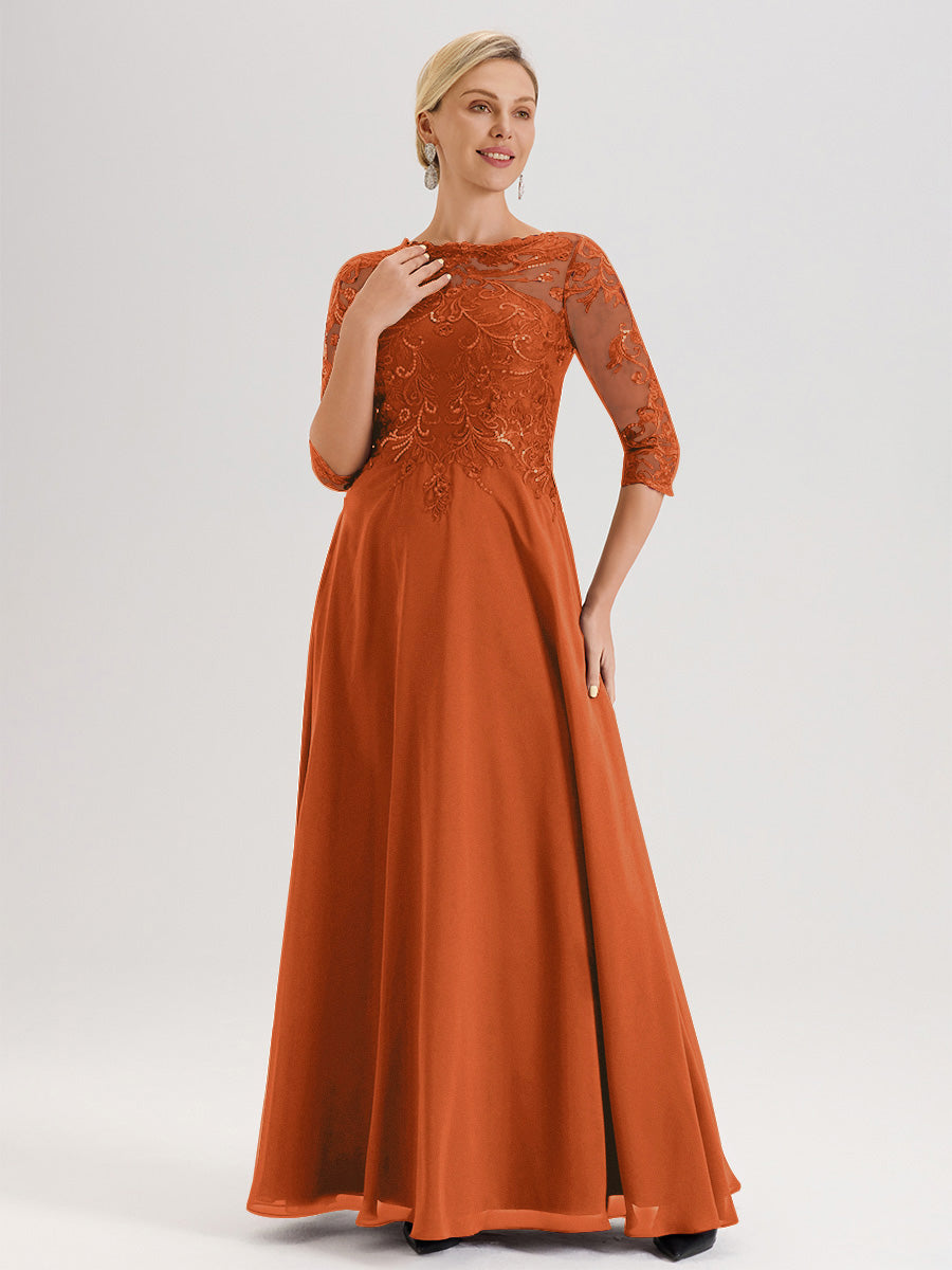 Cicinia Robe Mère De La Mariée Orange Brûlé Col Ras Du Cou Manches Trois-Quarts En Chiffon Et Dentelle Longueur Au Sol
