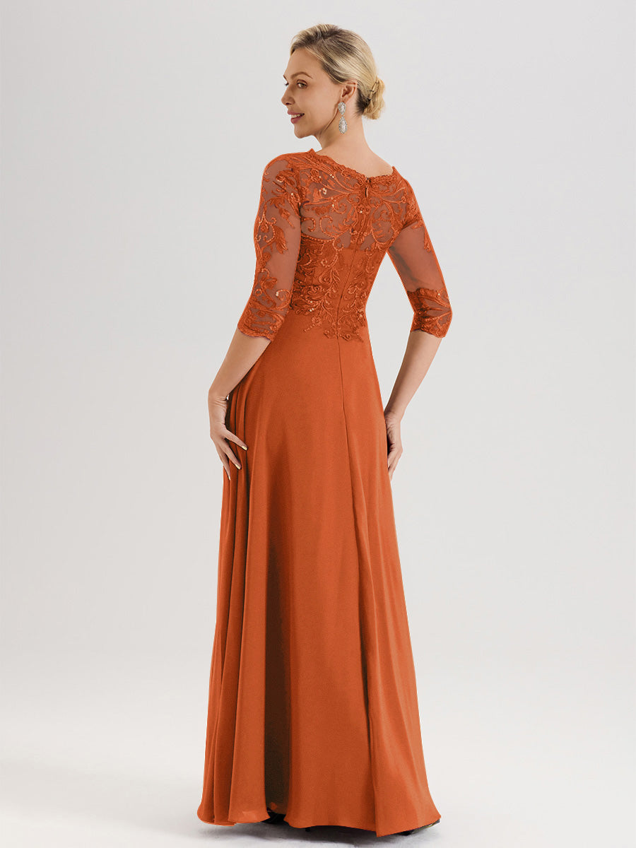 Cicinia Robe Mère De La Mariée Orange Brûlé Col Ras Du Cou Manches Trois-Quarts En Chiffon Et Dentelle Longueur Au Sol