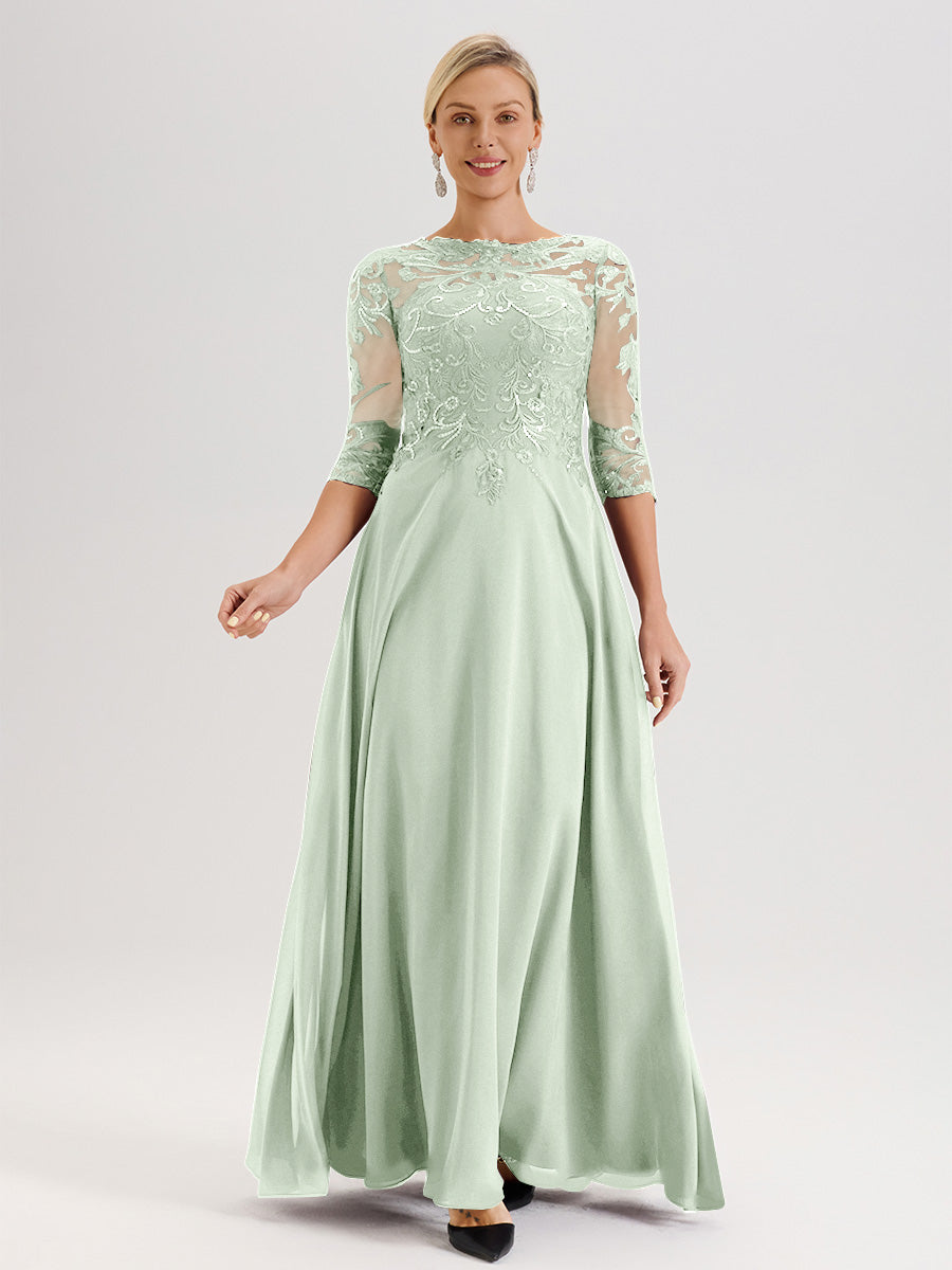 Cicinia Robe Mère De La Mariée Celadon Col Ras Du Cou Manches Trois-Quarts En Chiffon Et Dentelle Longueur Au Sol