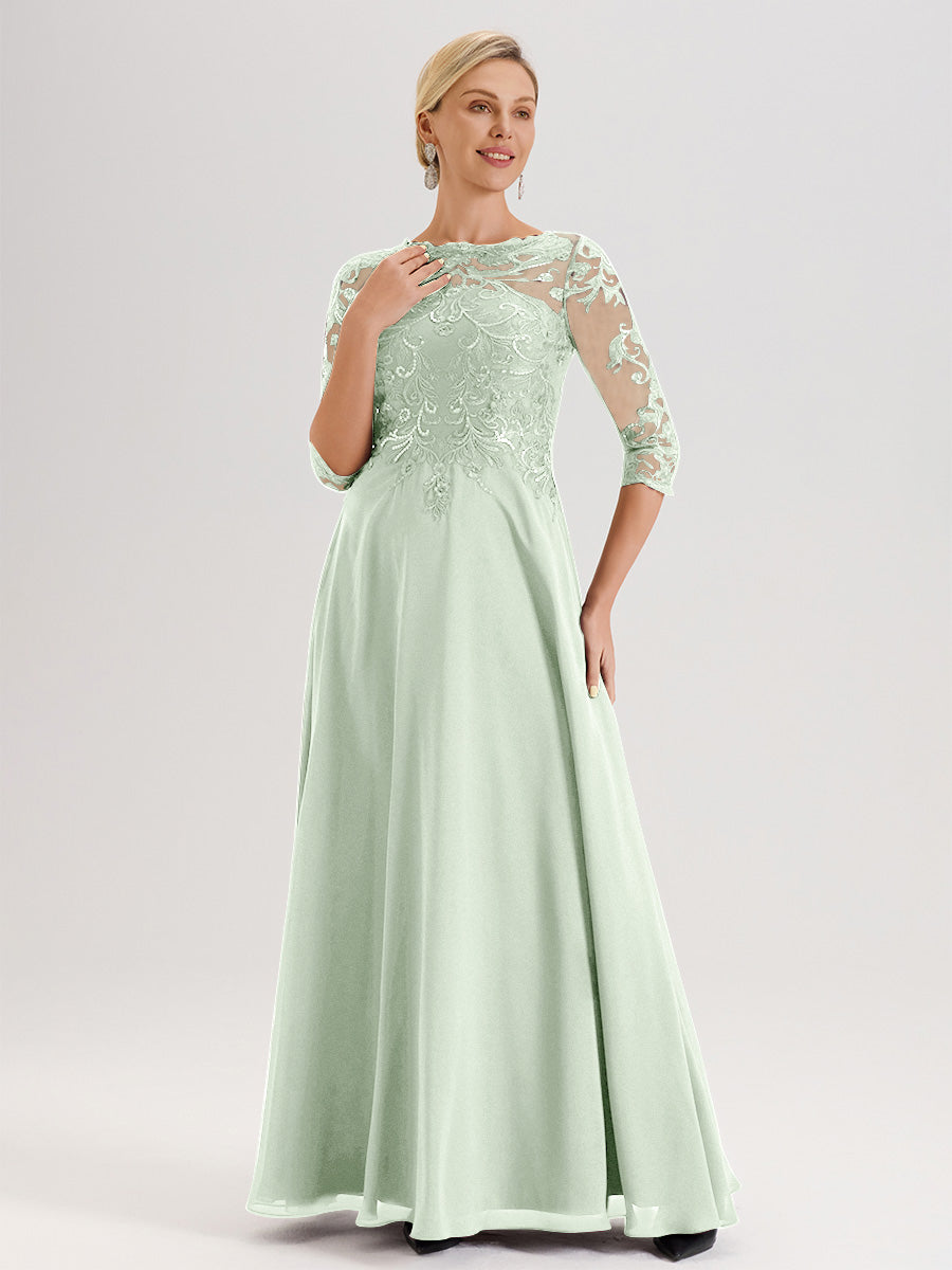 Cicinia Robe Mère De La Mariée Celadon Col Ras Du Cou Manches Trois-Quarts En Chiffon Et Dentelle Longueur Au Sol