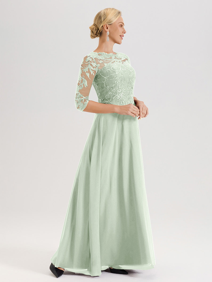Cicinia Robe Mère De La Mariée Celadon Col Ras Du Cou Manches Trois-Quarts En Chiffon Et Dentelle Longueur Au Sol