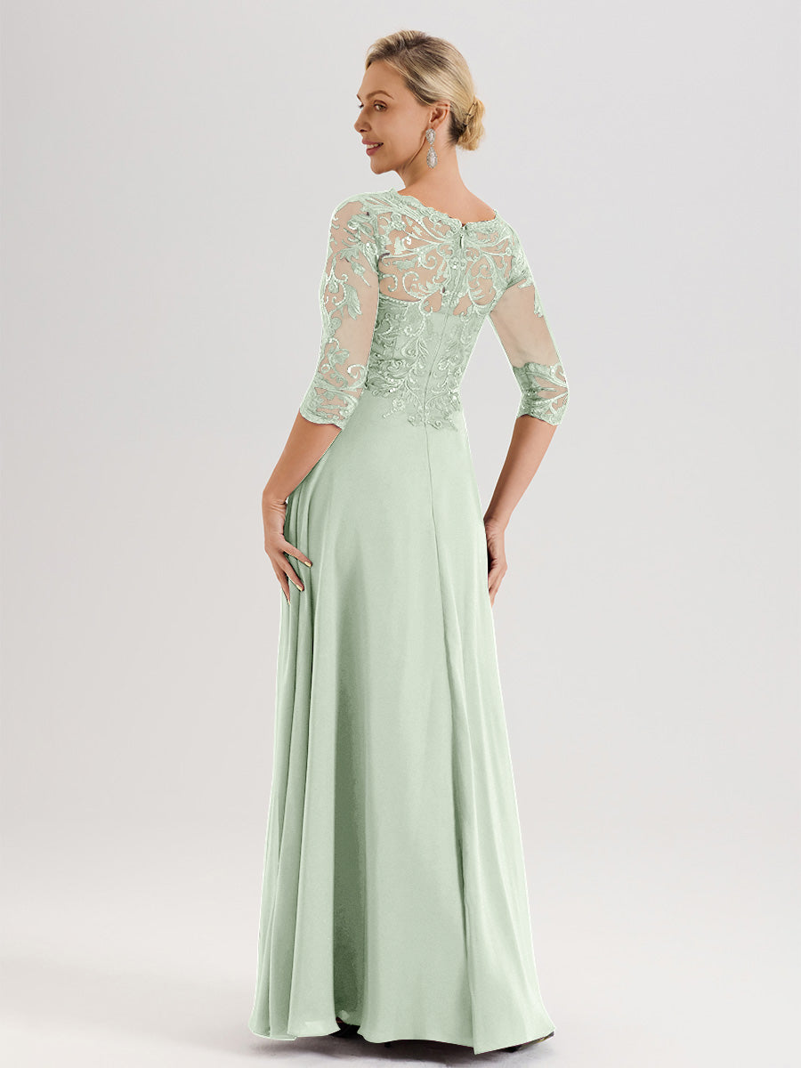 Cicinia Robe Mère De La Mariée Celadon Col Ras Du Cou Manches Trois-Quarts En Chiffon Et Dentelle Longueur Au Sol