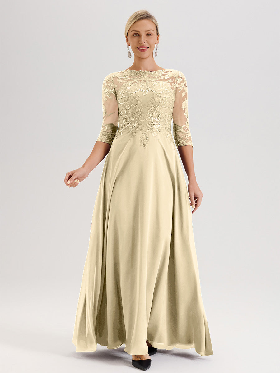 Cicinia Robe Mère De La Mariée Couleur Champagne Col Ras Du Cou Manches Trois-Quarts En Chiffon Et Dentelle Longueur Au Sol