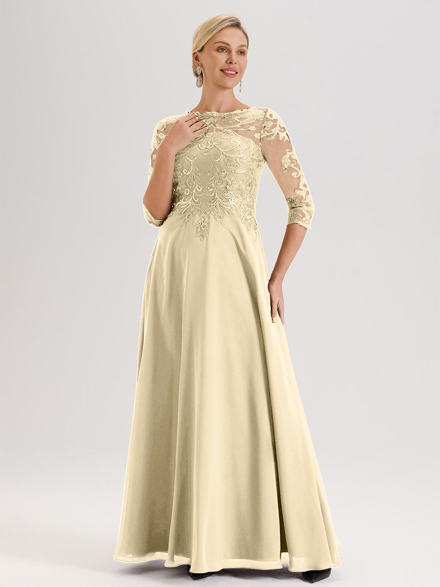 Cicinia Robe Mère De La Mariée Couleur Champagne Col Ras Du Cou Manches Trois-Quarts En Chiffon Et Dentelle Longueur Au Sol