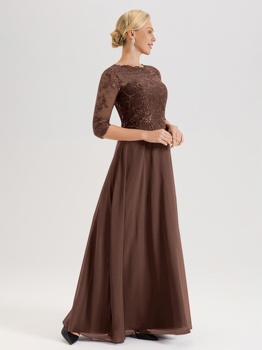 Cicinia Robe Mère De La Mariée En Chocolat Col Ras Du Cou Manches Trois-Quarts En Chiffon Et Dentelle Longueur Au Sol