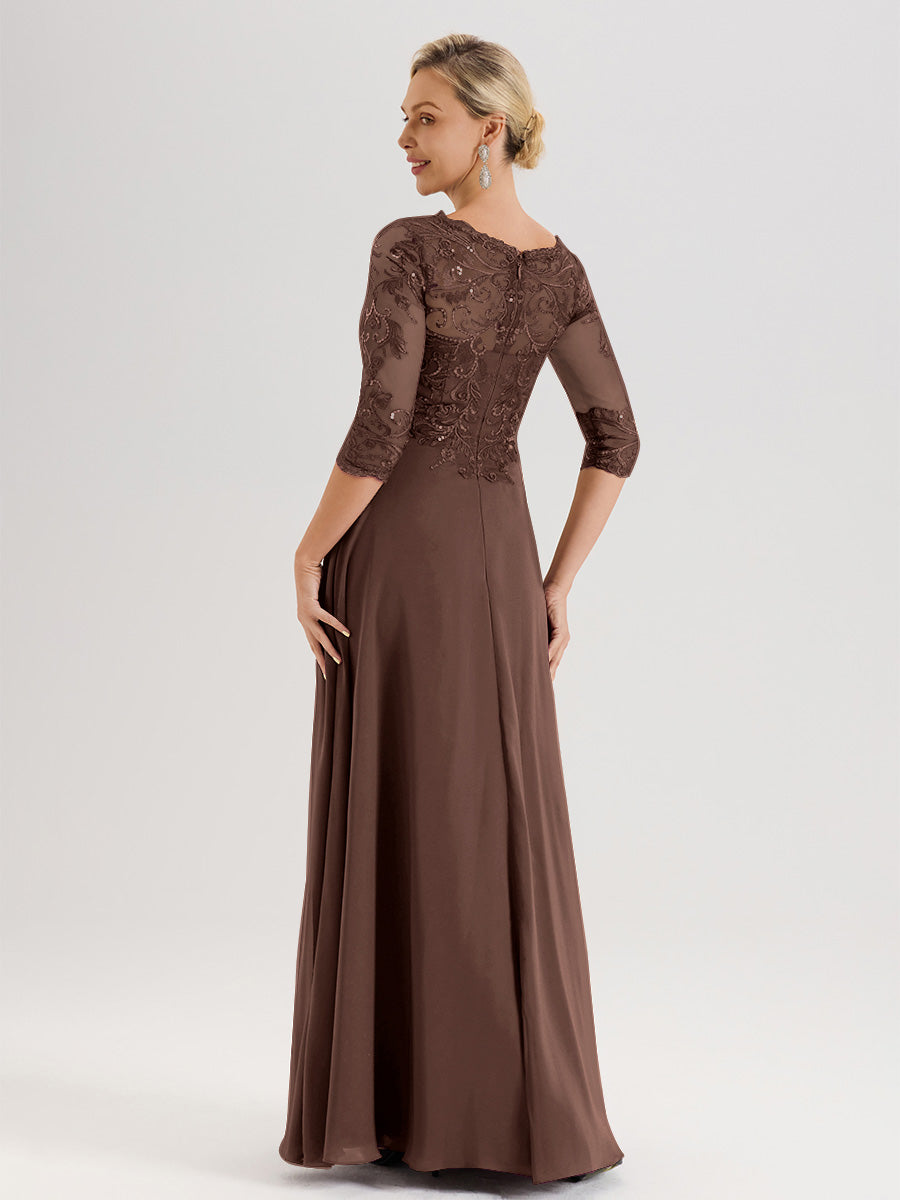 Cicinia Robe Mère De La Mariée En Chocolat Col Ras Du Cou Manches Trois-Quarts En Chiffon Et Dentelle Longueur Au Sol