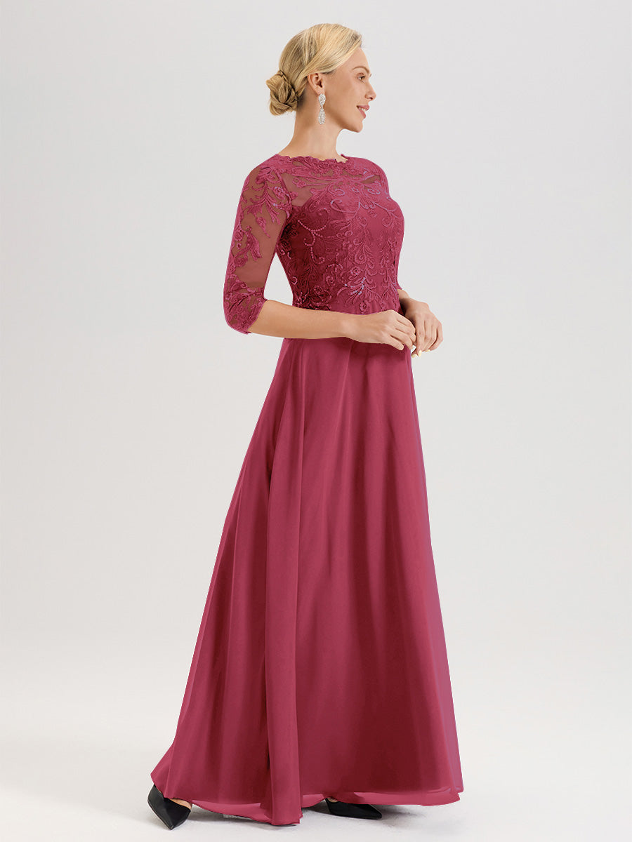 Cicinia Robe Mère De La Mariée Couleur Rose Cannelle Col Ras Du Cou Manches Trois-Quarts En Chiffon Et Dentelle Longueur Au Sol