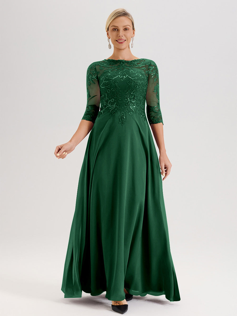Cicinia Robe Mère De La Mariée Vert Foncé Col Ras Du Cou Manches Trois-Quarts En Chiffon Et Dentelle Longueur Au Sol