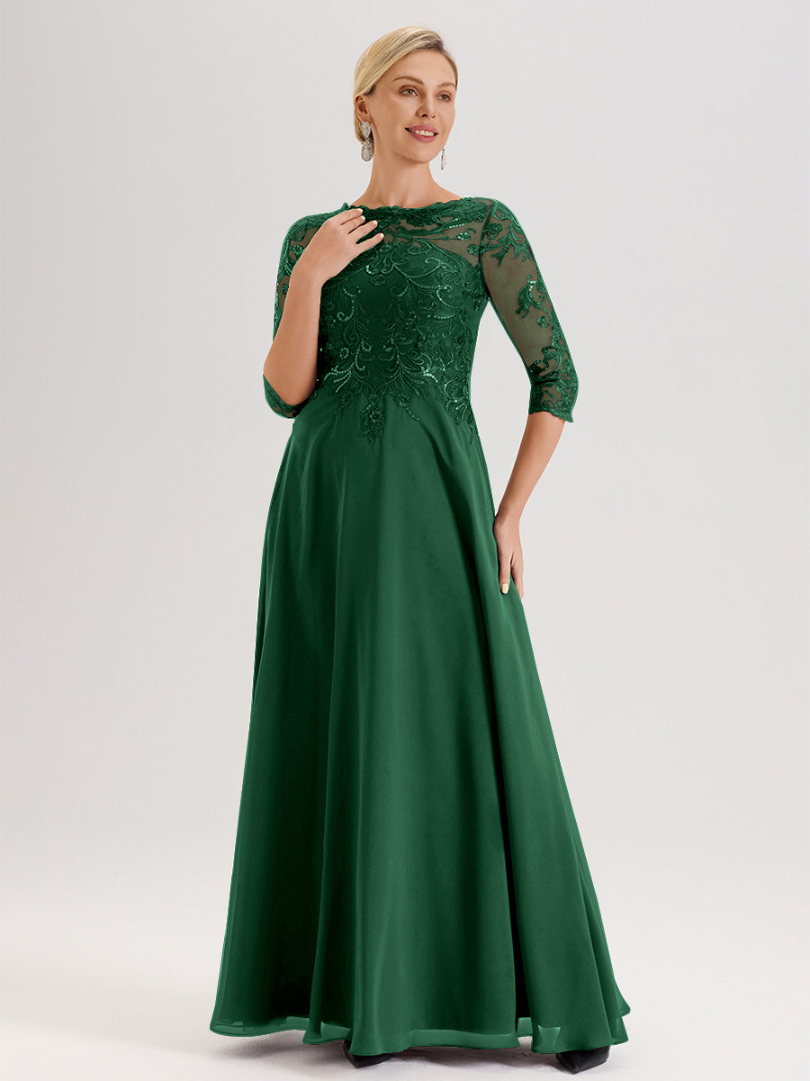 Cicinia Robe Mère De La Mariée Vert Foncé Col Ras Du Cou Manches Trois-Quarts En Chiffon Et Dentelle Longueur Au Sol