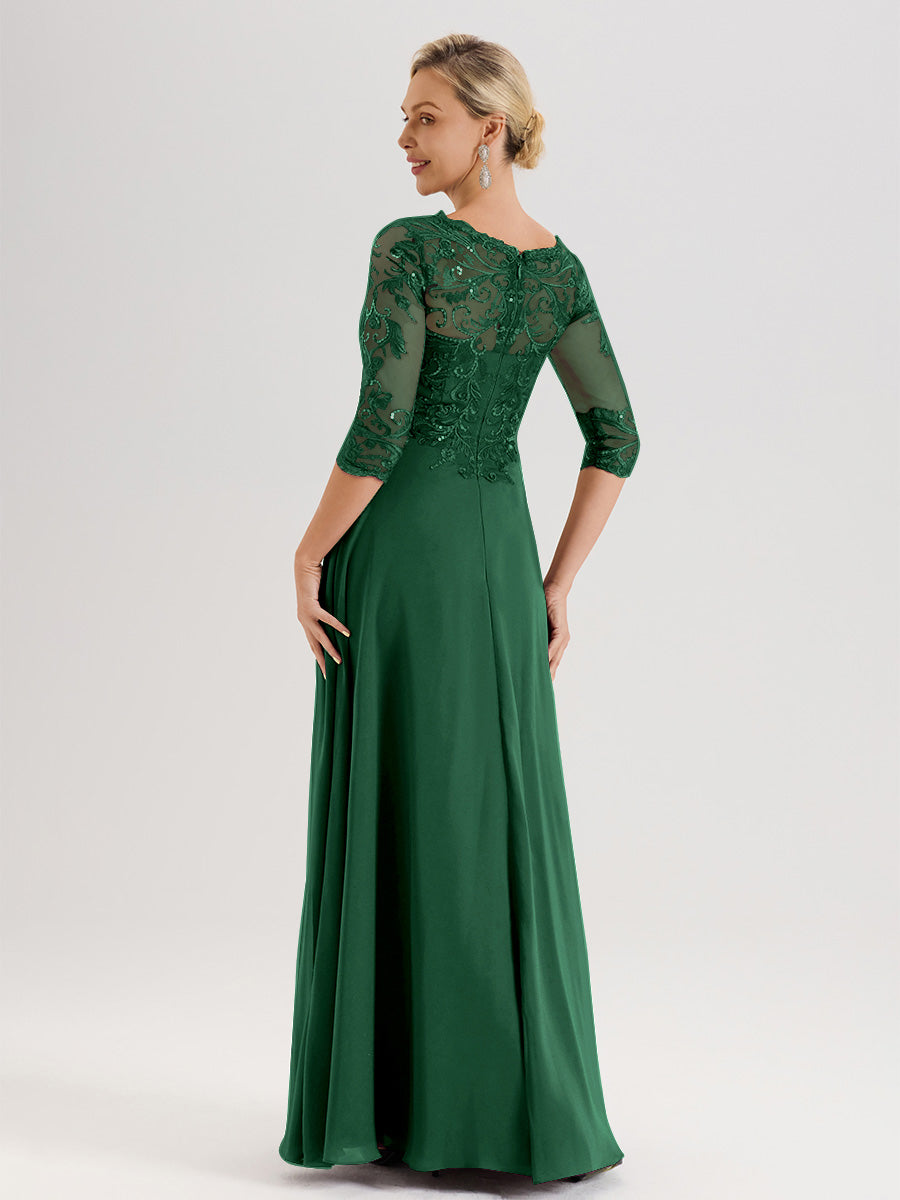 Cicinia Robe Mère De La Mariée Vert Foncé Col Ras Du Cou Manches Trois-Quarts En Chiffon Et Dentelle Longueur Au Sol
