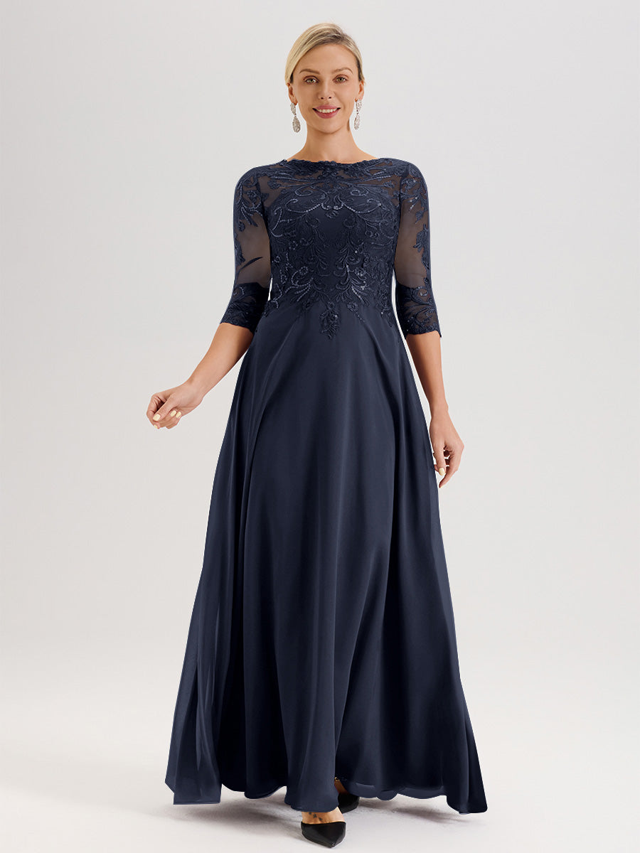 Cicinia Robe Mère De La Mariée Bleu Marine Col Ras Du Cou Manches Trois-Quarts En Chiffon Et Dentelle Longueur Au Sol