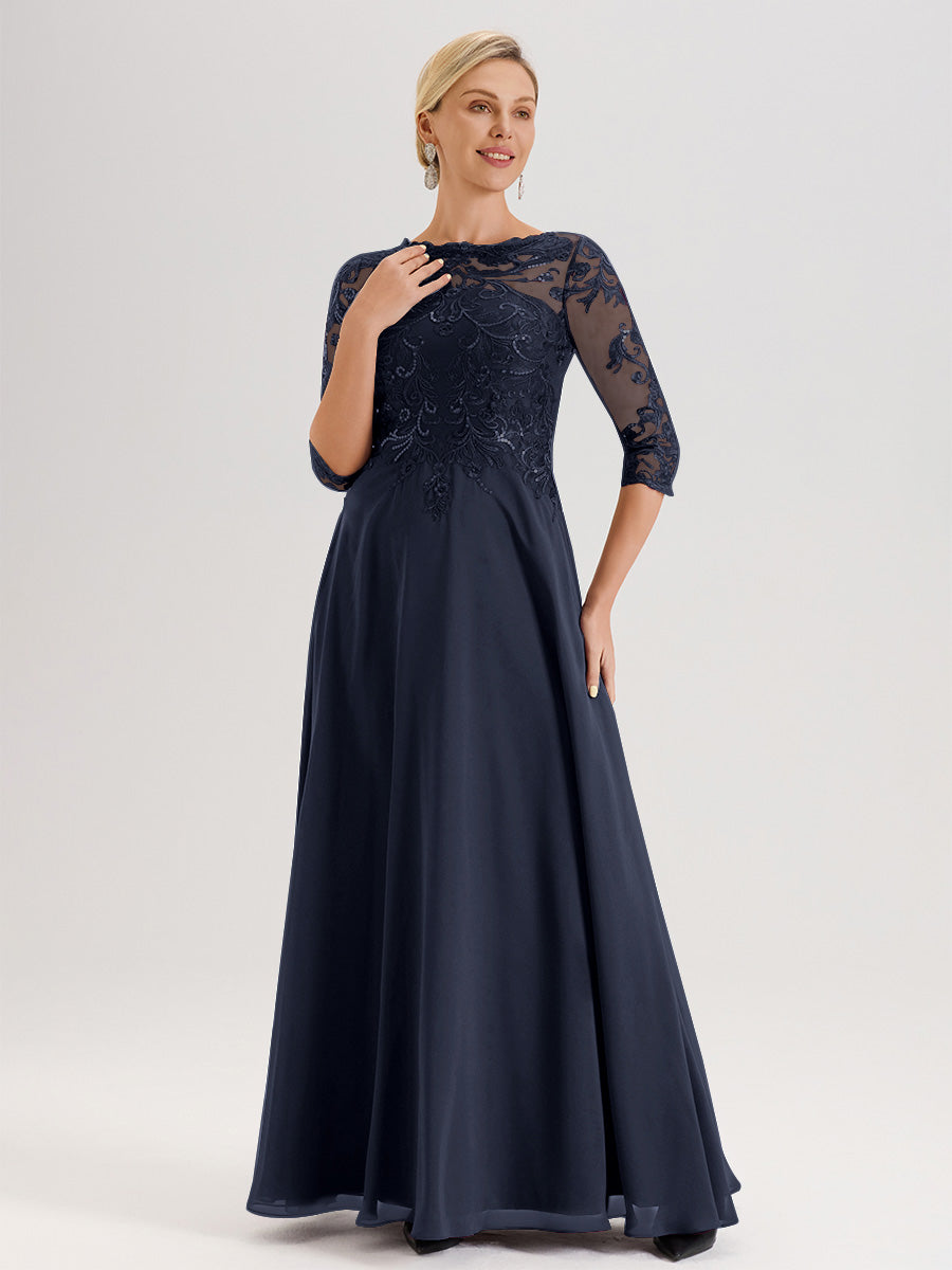 Cicinia Robe Mère De La Mariée Bleu Marine Col Ras Du Cou Manches Trois-Quarts En Chiffon Et Dentelle Longueur Au Sol