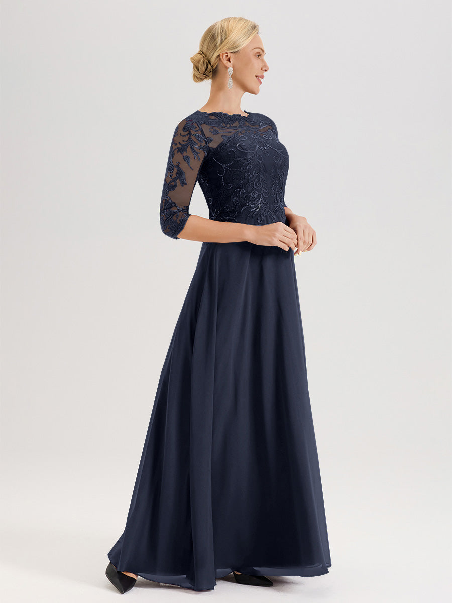 Cicinia Robe Mère De La Mariée Bleu Marine Col Ras Du Cou Manches Trois-Quarts En Chiffon Et Dentelle Longueur Au Sol