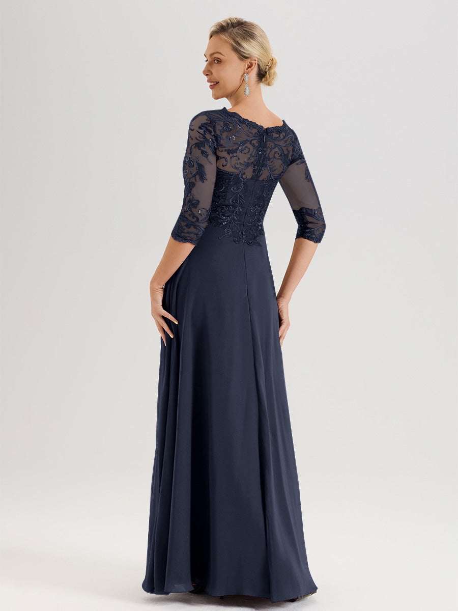 Cicinia Robe Mère De La Mariée Bleu Marine Col Ras Du Cou Manches Trois-Quarts En Chiffon Et Dentelle Longueur Au Sol