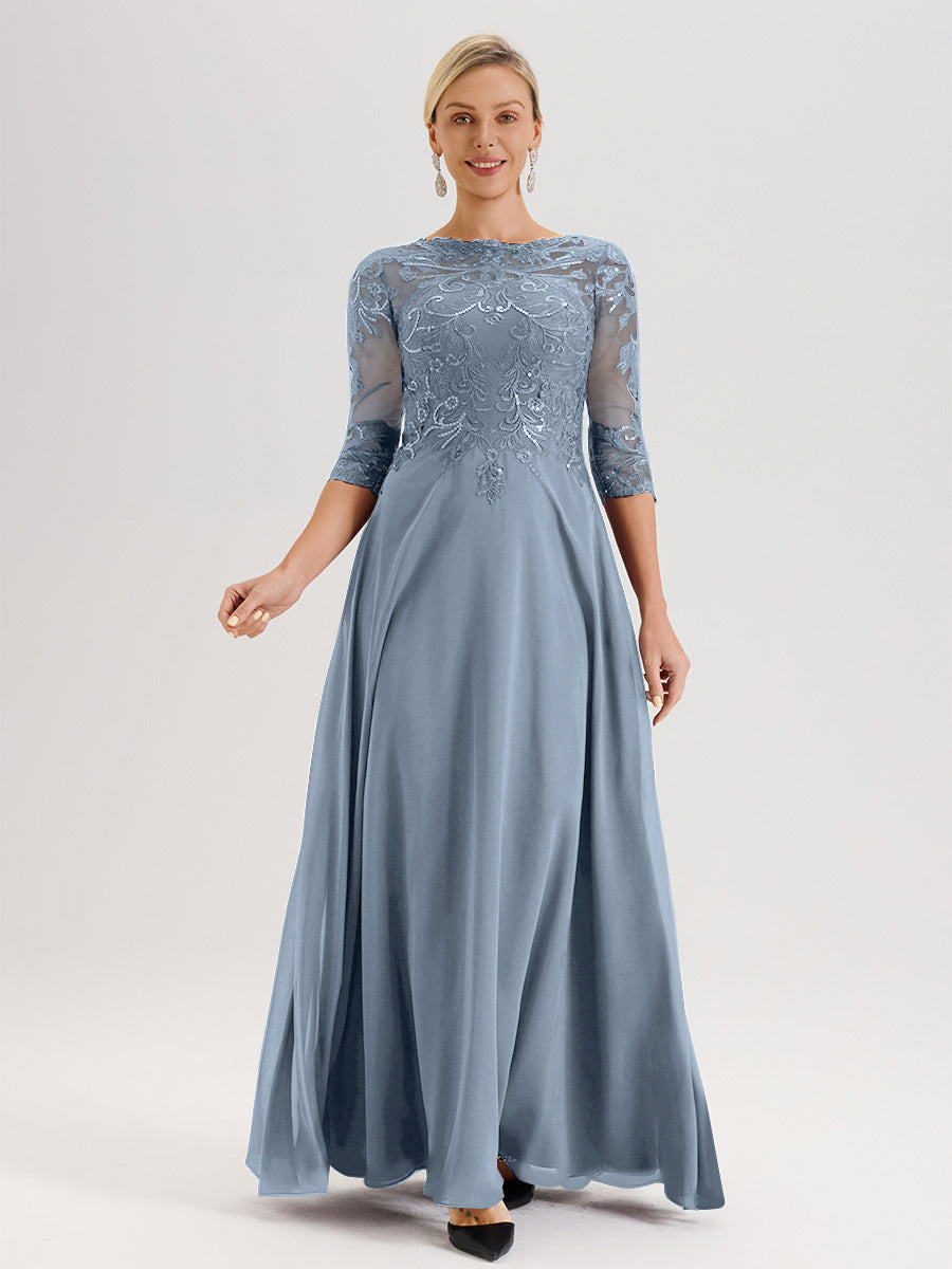 Cicinia Robe Mère De La Mariée Bleu Gris Col Ras Du Cou Manches Trois-Quarts En Chiffon Et Dentelle Longueur Au Sol