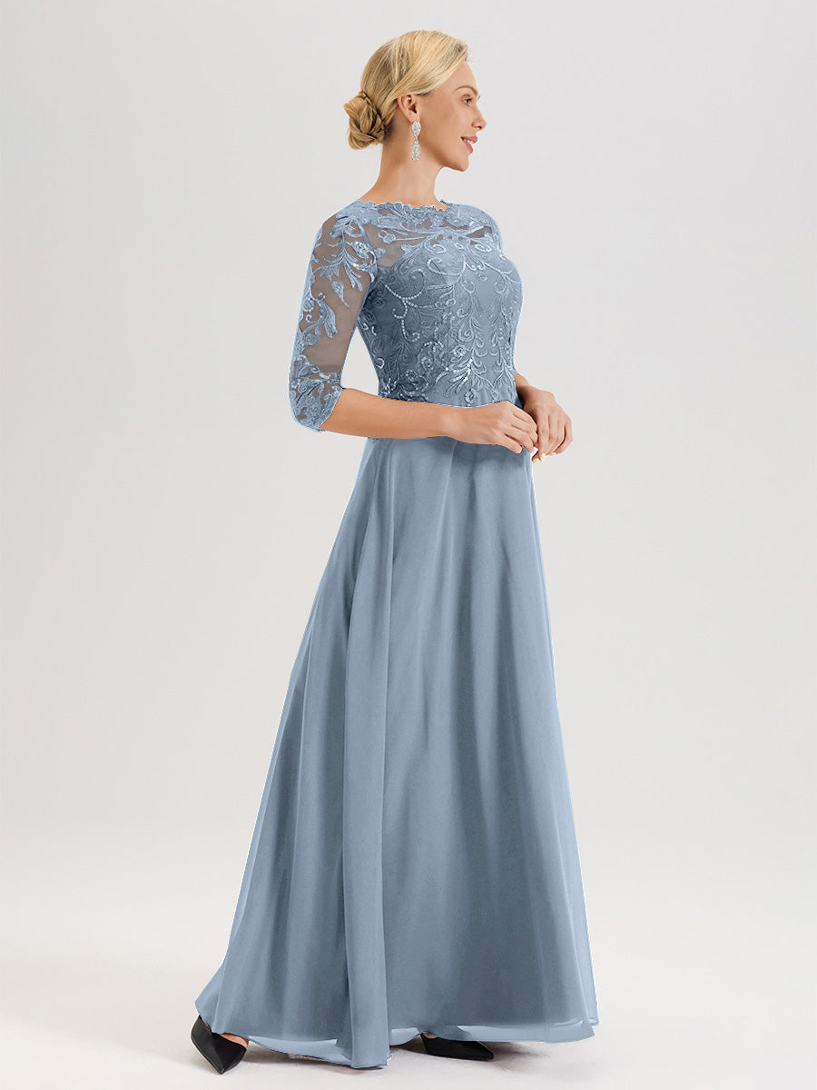 Cicinia Robe Mère De La Mariée Bleu Gris Col Ras Du Cou Manches Trois-Quarts En Chiffon Et Dentelle Longueur Au Sol
