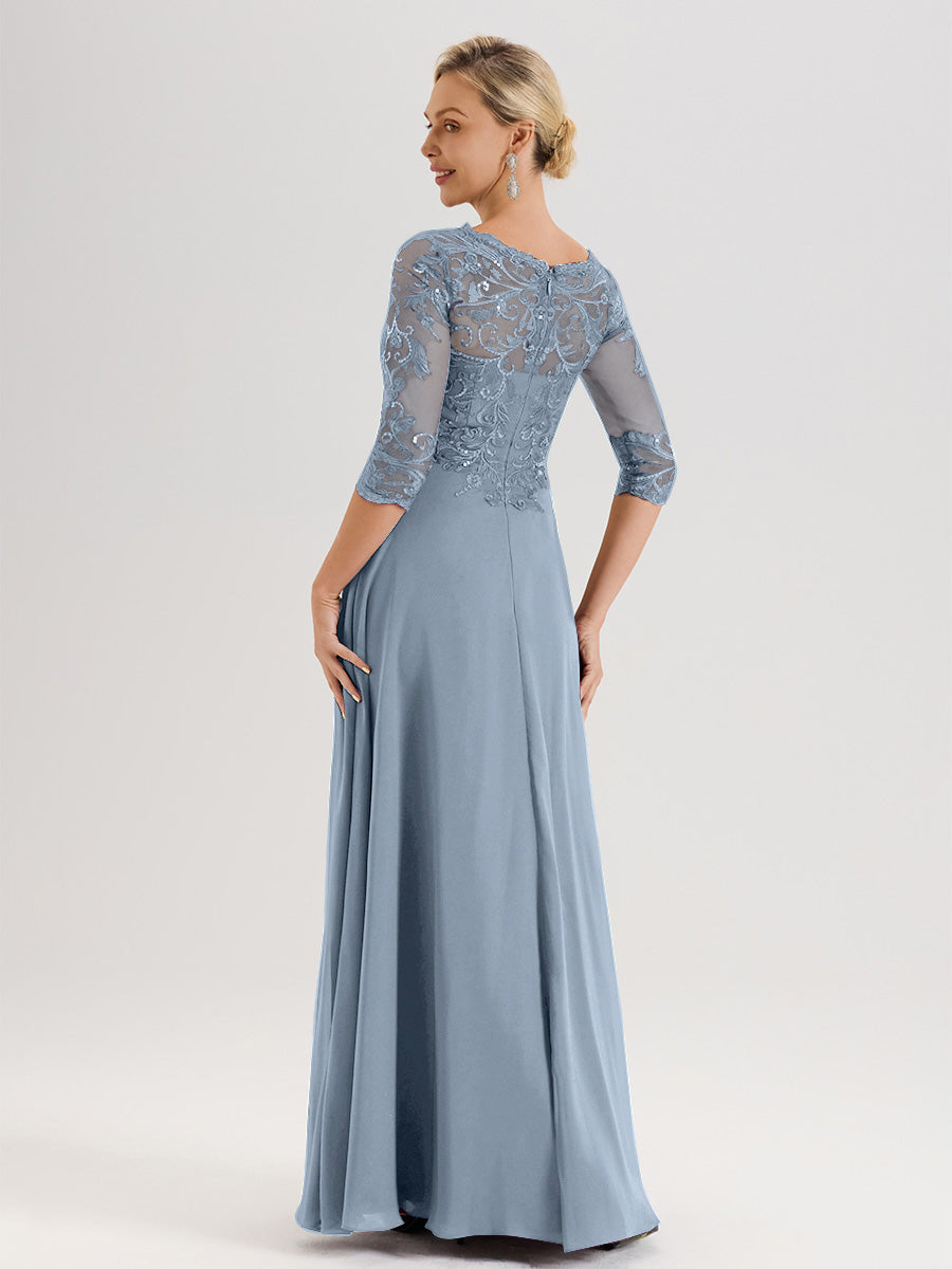 Cicinia Robe Mère De La Mariée Bleu Gris Col Ras Du Cou Manches Trois-Quarts En Chiffon Et Dentelle Longueur Au Sol