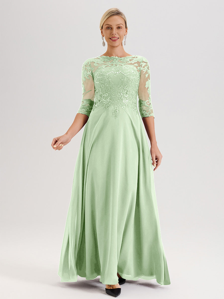 Cicinia Robe Mère De La Mariée Sauge Poussiéreux Col Ras Du Cou Manches Trois-Quarts En Chiffon Et Dentelle Longueur Au Sol
