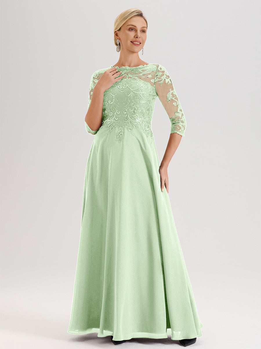 Cicinia Robe Mère De La Mariée Sauge Poussiéreux Col Ras Du Cou Manches Trois-Quarts En Chiffon Et Dentelle Longueur Au Sol