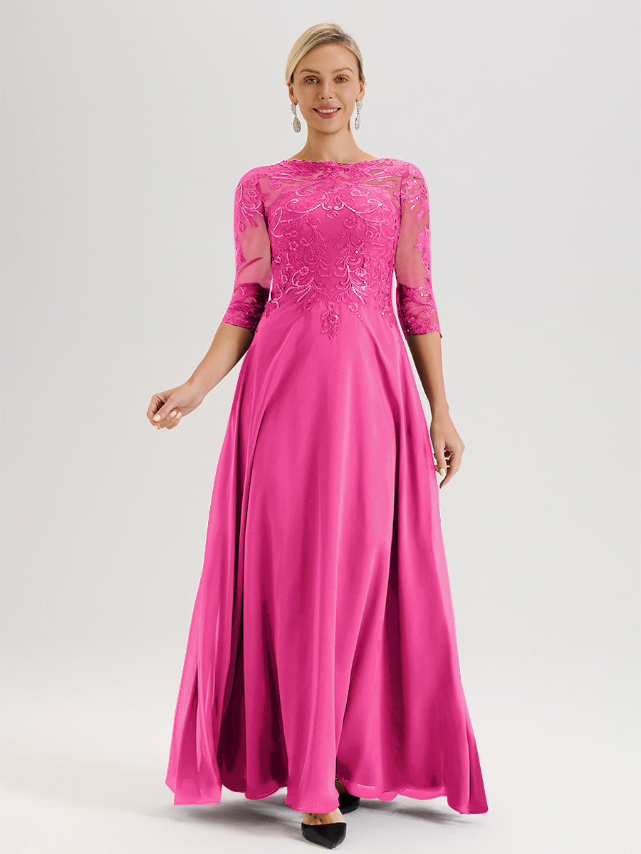 Cicinia Robe Mère De La Mariée Rose Fuchsia Col Ras Du Cou Manches Trois-Quarts En Chiffon Et Dentelle Longueur Au Sol